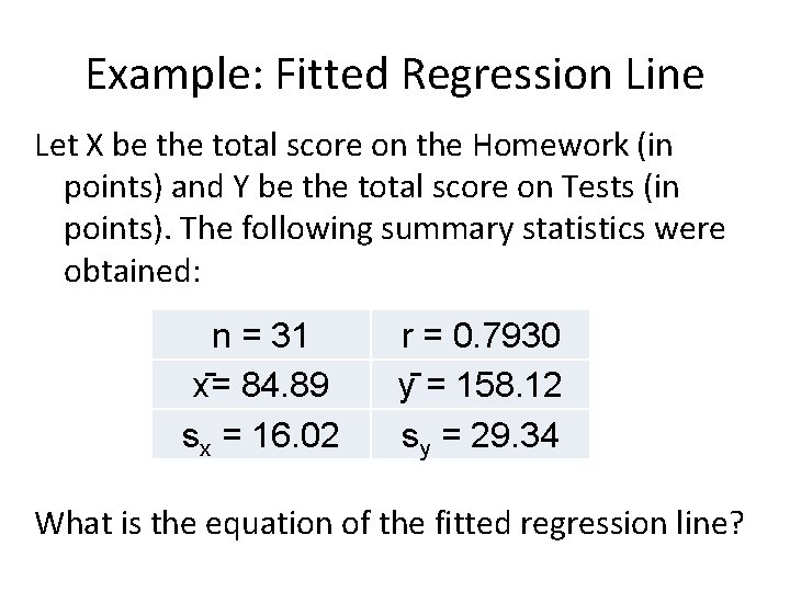Example: Fitted Regression Line Let X be the total score on the Homework (in