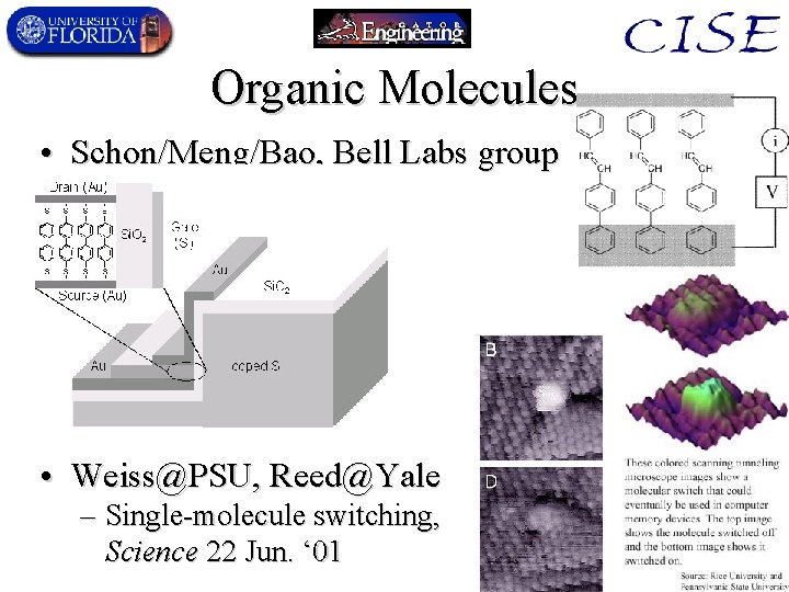 Organic Molecules • Schon/Meng/Bao, Bell Labs group • Weiss@PSU, Reed@Yale – Single-molecule switching, Science