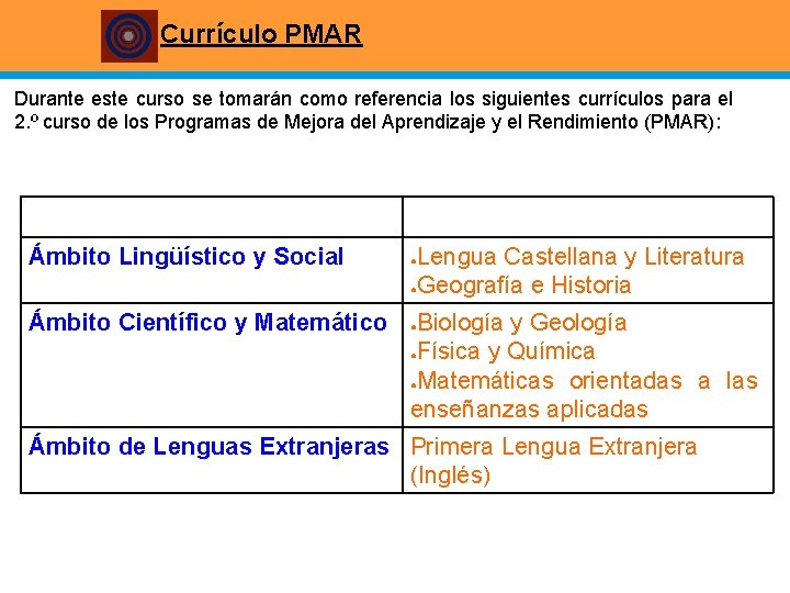 Currículo PMAR Durante este curso se tomarán como referencia los siguientes currículos para el
