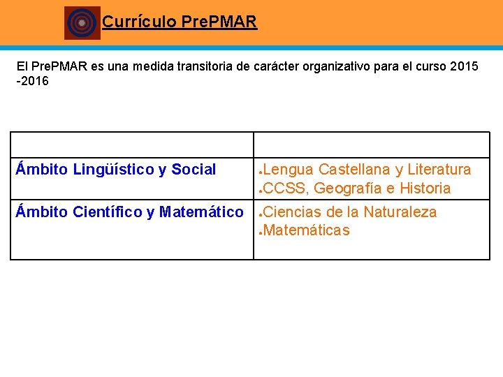 Currículo Pre. PMAR El Pre. PMAR es una medida transitoria de carácter organizativo para