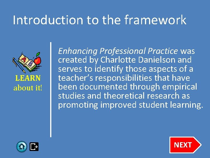 Introduction to the framework LEARN about it! Enhancing Professional Practice was created by Charlotte