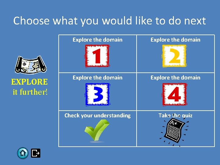 Choose what you would like to do next EXPLORE it further! Explore the domain