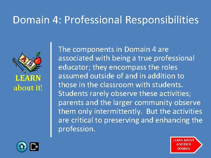 Domain 4: Professional Responsibilities LEARN about it! The components in Domain 4 are associated