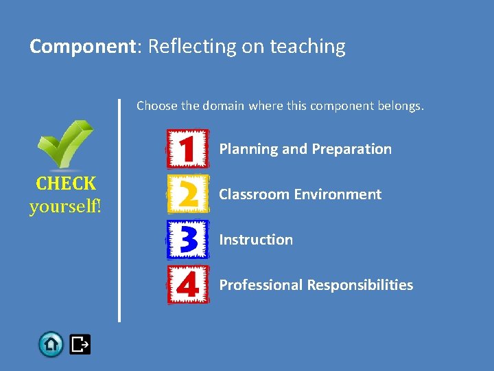 Component: Reflecting on teaching Choose the domain where this component belongs. Planning and Preparation