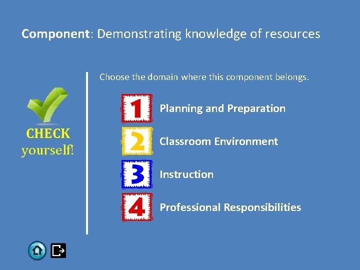 Component: Demonstrating knowledge of resources Choose the domain where this component belongs. Planning and