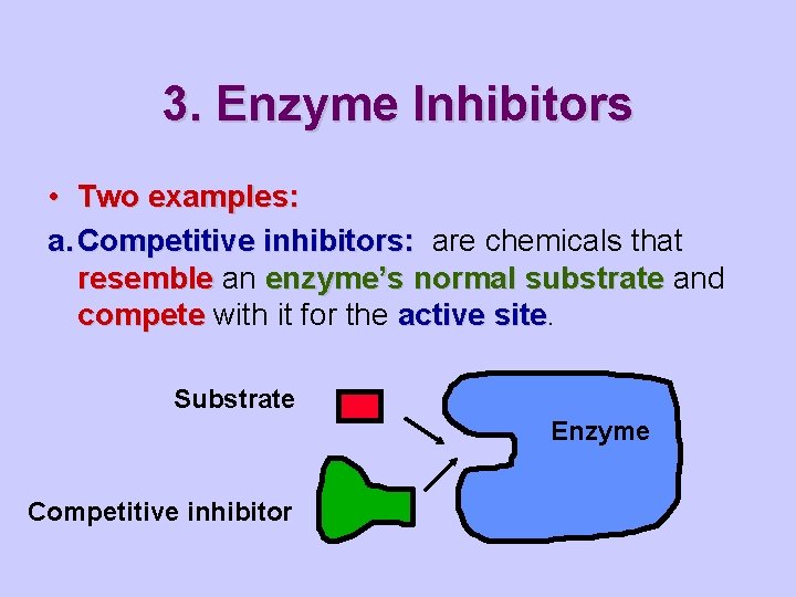 3. Enzyme Inhibitors • Two examples: a. Competitive inhibitors: are chemicals that resemble an