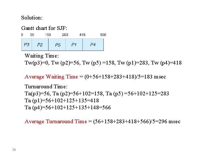 Solution: Gantt chart for SJF: Waiting Time: Tw(p 3)=0, Tw (p 2)=56, Tw (p