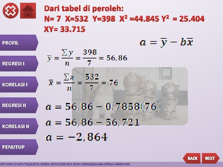 Dari tabel di peroleh: N= 7 X=532 Y=398 X 2 =44. 845 Y 2