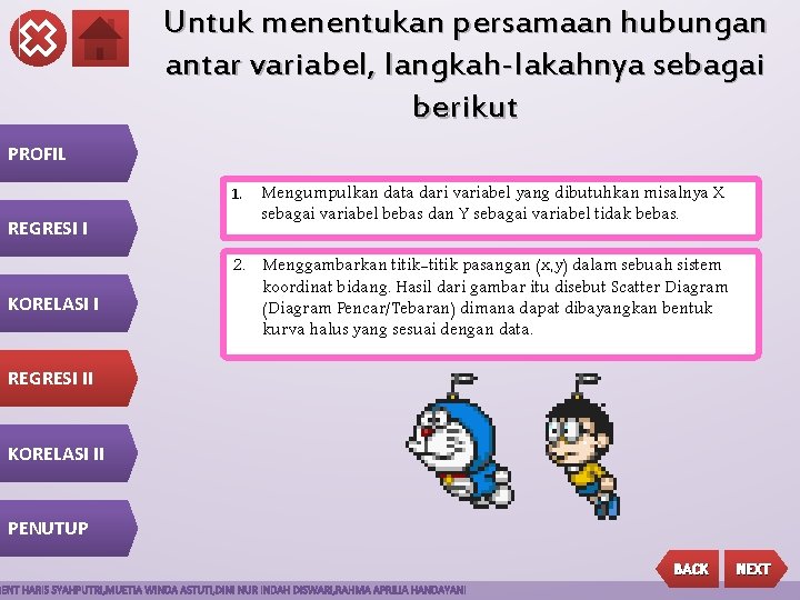 Untuk menentukan persamaan hubungan antar variabel, langkah-lakahnya sebagai berikut PROFIL 1. REGRESI I KORELASI