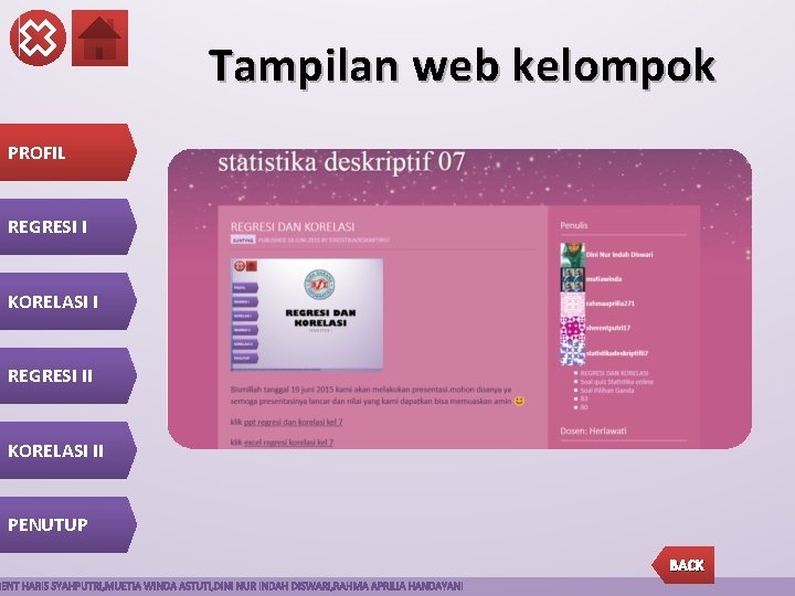 Tampilan web kelompok PROFIL REGRESI I KORELASI I REGRESI II KORELASI II PENUTUP BACK