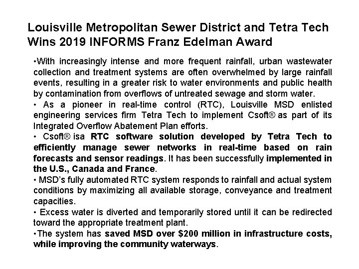 Louisville Metropolitan Sewer District and Tetra Tech Wins 2019 INFORMS Franz Edelman Award •
