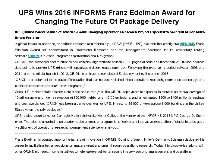 UPS Wins 2016 INFORMS Franz Edelman Award for Changing The Future Of Package Delivery