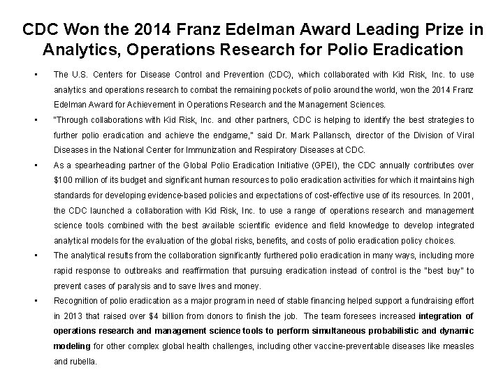 CDC Won the 2014 Franz Edelman Award Leading Prize in Analytics, Operations Research for