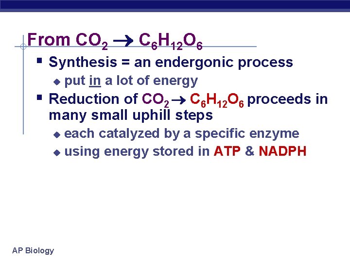 From CO 2 C 6 H 12 O 6 § Synthesis = an endergonic