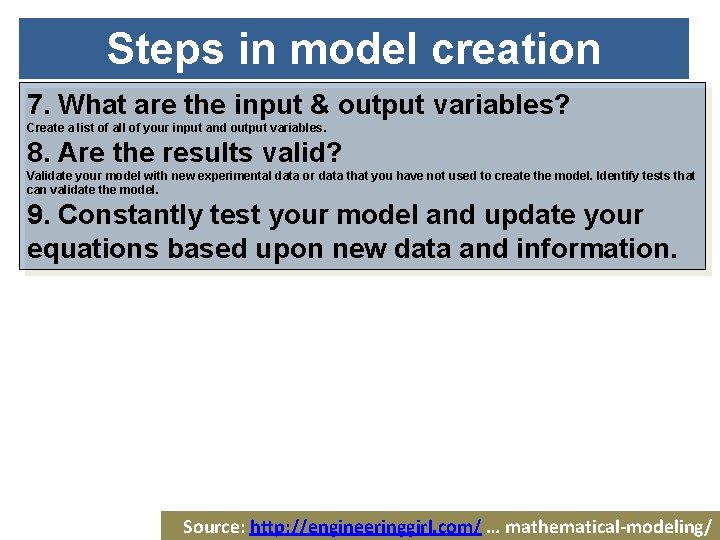 Steps in model creation 7. What are the input & output variables? Create a