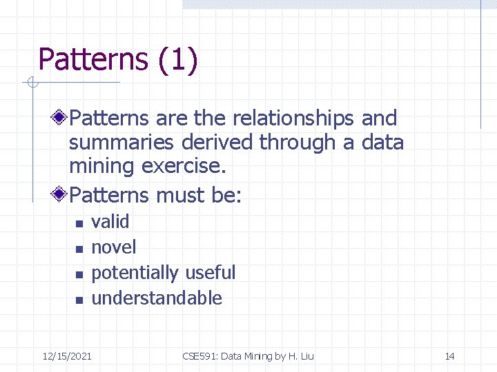 Patterns (1) Patterns are the relationships and summaries derived through a data mining exercise.