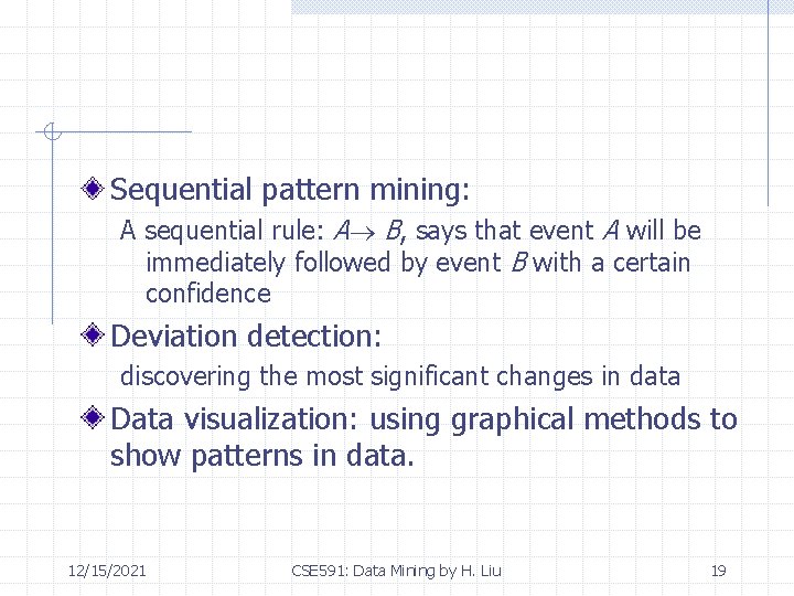 Sequential pattern mining: A sequential rule: A B, says that event A will be