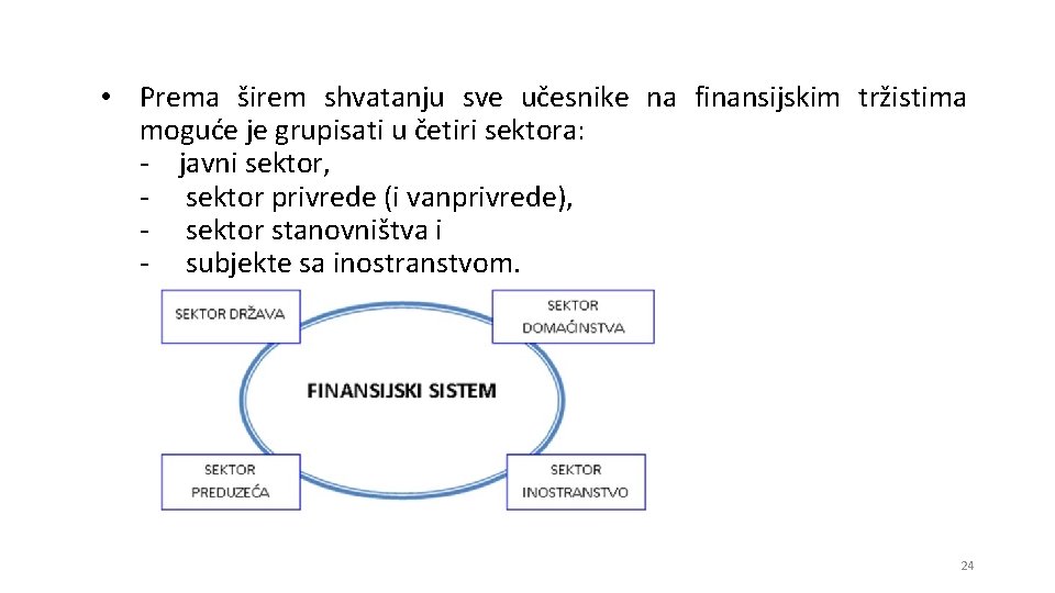  • Prema širem shvatanju sve učesnike na finansijskim tržistima moguće je grupisati u