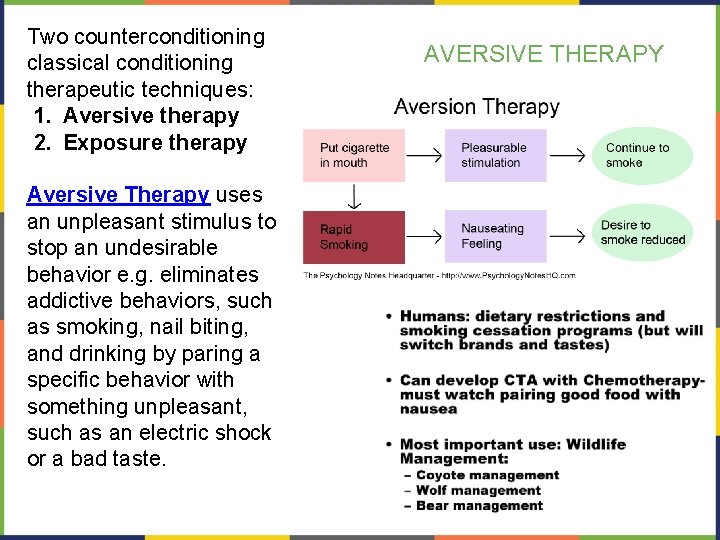 Two counterconditioning classical conditioning therapeutic techniques: 1. Aversive therapy 2. Exposure therapy Aversive Therapy Two counterconditioning classical conditioning therapeutic techniques: 1. Aversive therapy 2. Exposure therapy Aversive Therapy