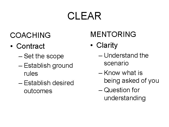 CLEAR COACHING • Contract – Set the scope – Establish ground rules – Establish