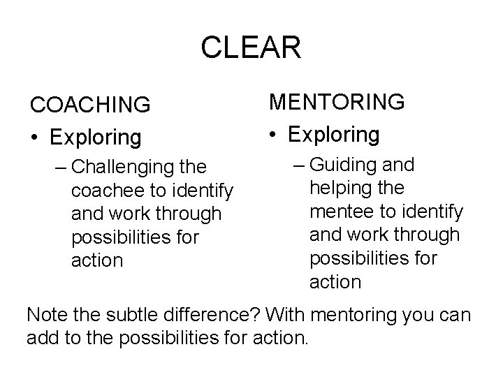 CLEAR COACHING • Exploring – Challenging the coachee to identify and work through possibilities