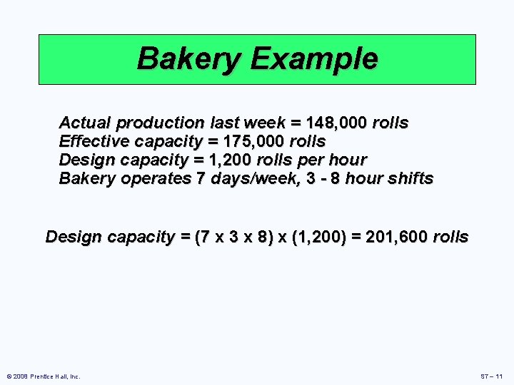 Bakery Example Actual production last week = 148, 000 rolls Effective capacity = 175,