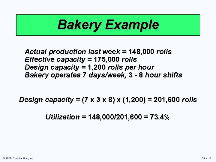 Bakery Example Actual production last week = 148, 000 rolls Effective capacity = 175,