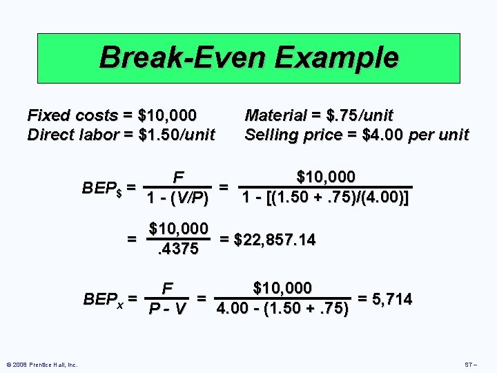 Break-Even Example Fixed costs = $10, 000 Direct labor = $1. 50/unit Material =