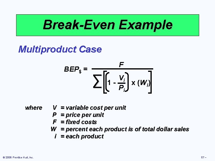 Break-Even Example Multiproduct Case BEP$ = where © 2008 Prentice Hall, Inc. V P