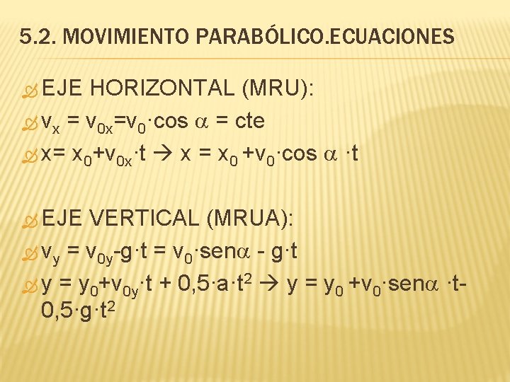 5. 2. MOVIMIENTO PARABÓLICO. ECUACIONES EJE HORIZONTAL (MRU): vx = v 0 x=v 0·cos