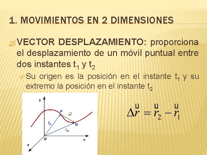 1. MOVIMIENTOS EN 2 DIMENSIONES VECTOR DESPLAZAMIENTO: proporciona el desplazamiento de un móvil puntual