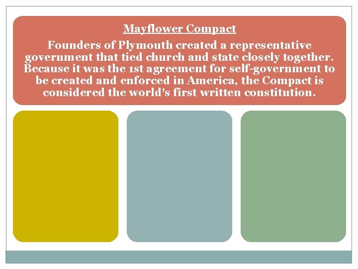 Mayflower Compact Founders of Plymouth created a representative government that tied church and state