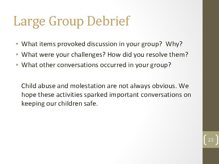 Large Group Debrief • What items provoked discussion in your group? Why? • What