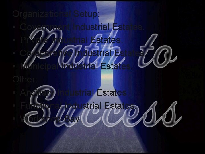 Organizational Setup: • Government Industrial Estates. • Private Industrial Estates. • Co-operative Industrial Estates. Organizational Setup: • Government Industrial Estates. • Private Industrial Estates. • Co-operative Industrial Estates.