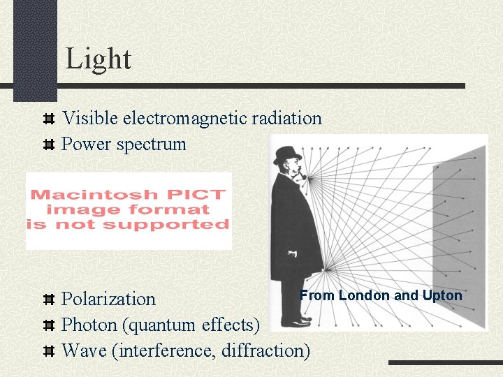 Light Visible electromagnetic radiation Power spectrum From London and Upton Polarization Photon (quantum effects)