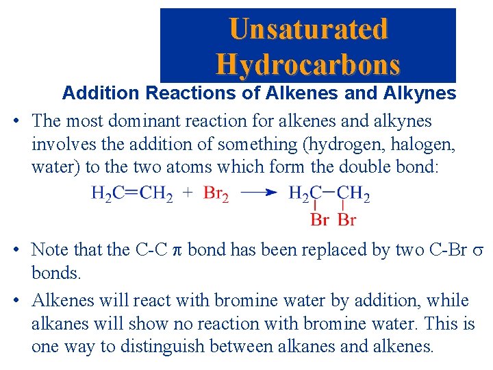 Unsaturated Hydrocarbons Addition Reactions of Alkenes and Alkynes • The most dominant reaction for