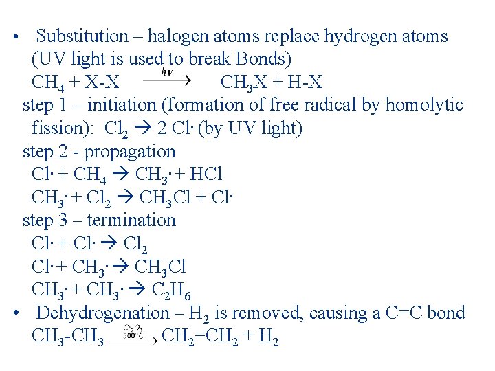  • Substitution – halogen atoms replace hydrogen atoms (UV light is used to