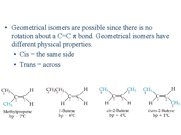  • Geometrical isomers are possible since there is no rotation about a C=C