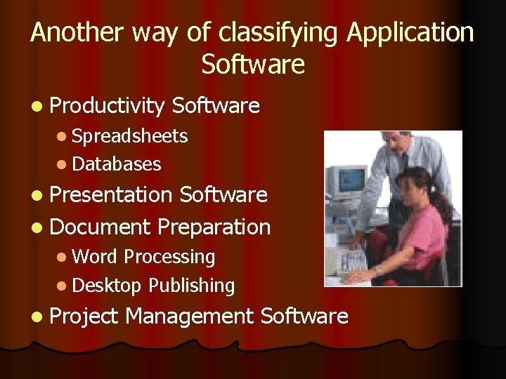 Another way of classifying Application Software l Productivity Software l Spreadsheets l Databases l