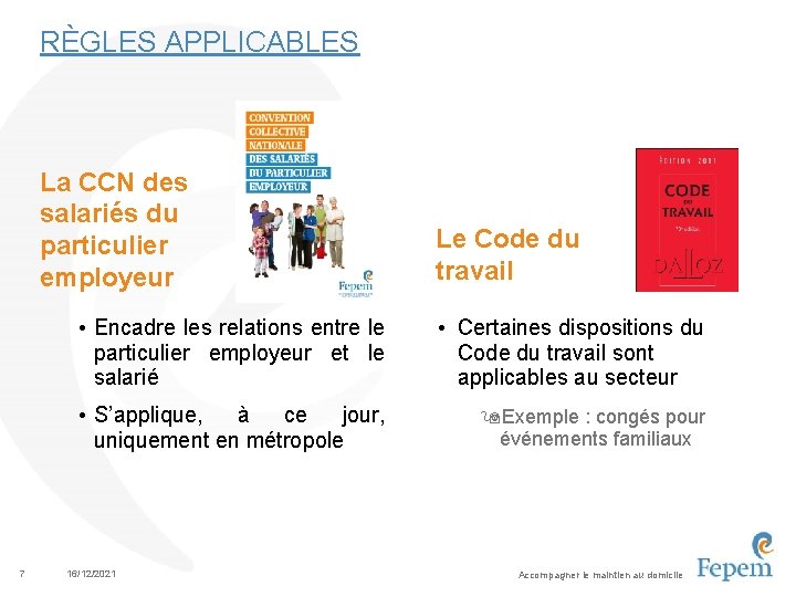 RÈGLES APPLICABLES La CCN des salariés du particulier employeur 7 Le Code du travail