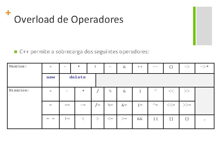+ Overload de Operadores n C++ permite a sobrecarga dos seguintes operadores: Unários: +