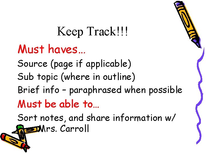 Keep Track!!! Must haves… Source (page if applicable) Sub topic (where in outline) Brief Keep Track!!! Must haves… Source (page if applicable) Sub topic (where in outline) Brief
