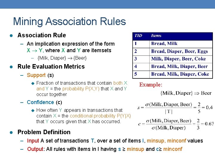 Mining Association Rules l Association Rule – An implication expression of the form X