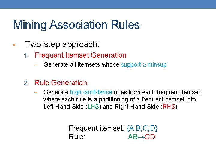Mining Association Rules • Two-step approach: 1. Frequent Itemset Generation – Generate all itemsets