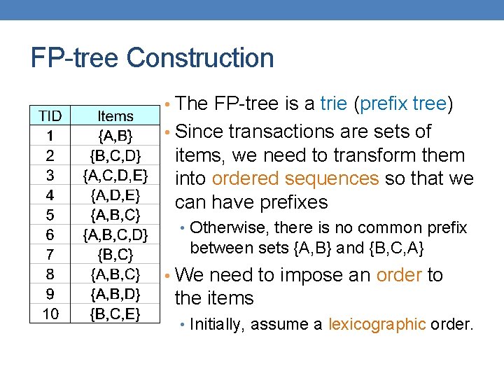 FP-tree Construction • The FP-tree is a trie (prefix tree) • Since transactions are