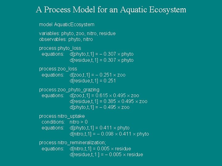 A Process Model for an Aquatic Ecosystem model Aquatic. Ecosystem variables: phyto, zoo, nitro,