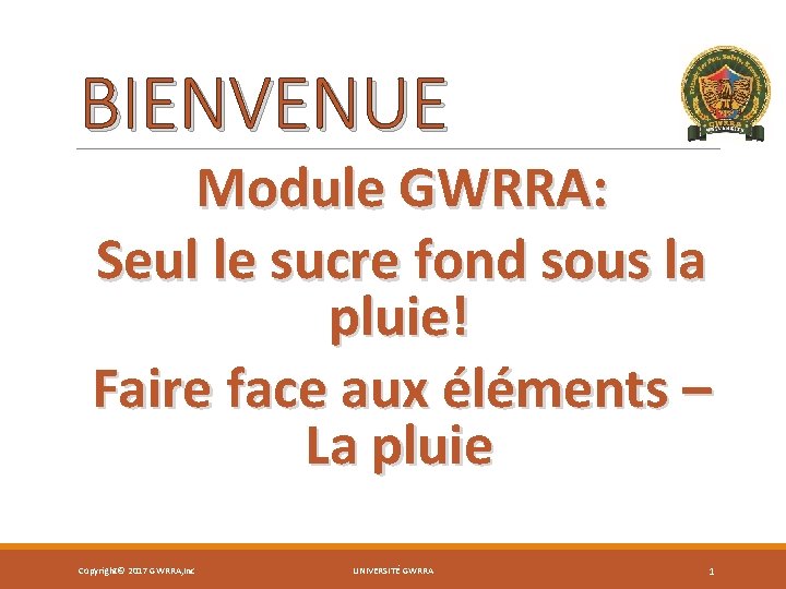 BIENVENUE Module GWRRA: Seul le sucre fond sous la pluie! Faire face aux éléments