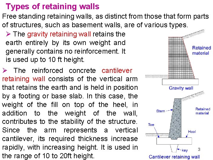 Types of retaining walls Free standing retaining walls, as distinct from those that form