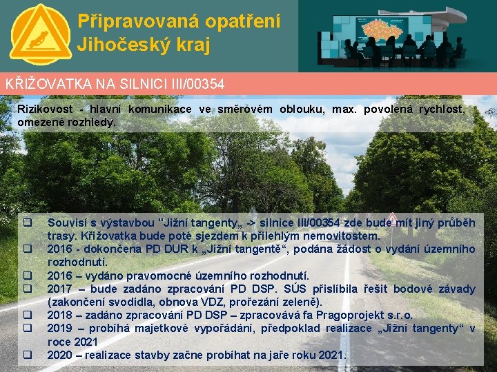 Připravovaná opatření Jihočeský kraj KŘIŽOVATKA NA SILNICI III/00354 Rizikovost - hlavní komunikace ve směrovém