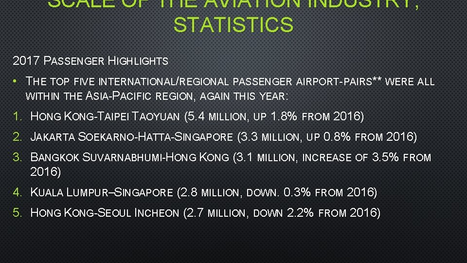 SCALE OF THE AVIATION INDUSTRY; STATISTICS 2017 PASSENGER HIGHLIGHTS • THE TOP FIVE INTERNATIONAL/REGIONAL